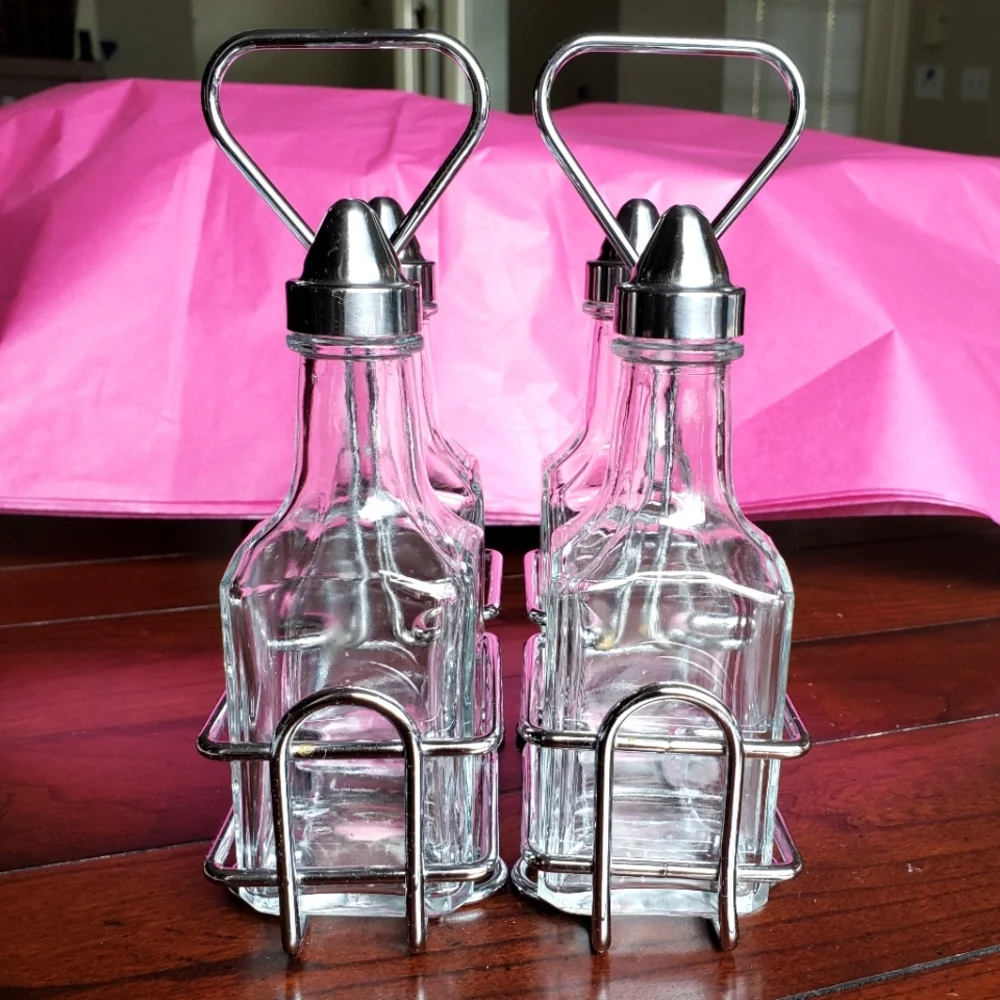 2 Sets, Oil & Vinegar Bottles w/ Metal Caddy & Oil & Vinegar Glass Shakers - Picture 2 of 11